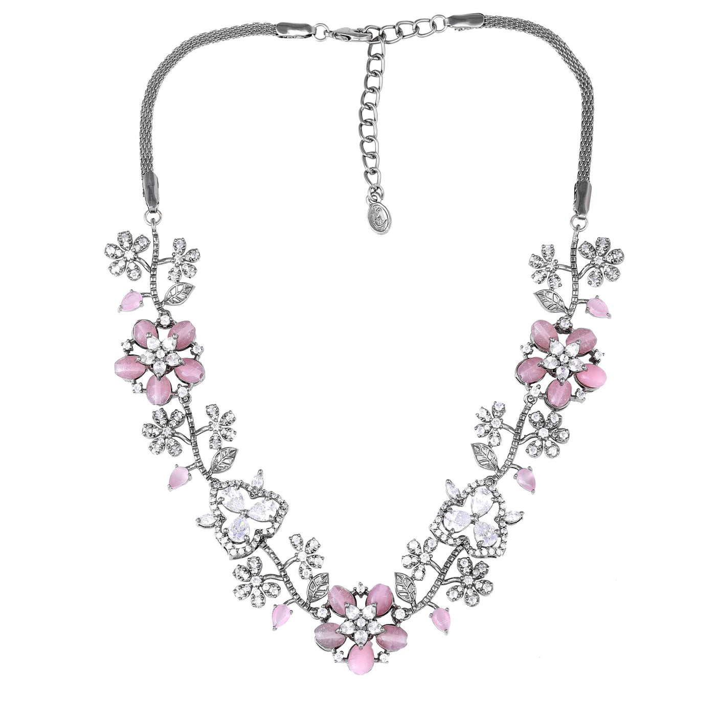 Estele Victorian Plated CZ Glamorous Floral Necklace Set with Mint Pink Beads for Women