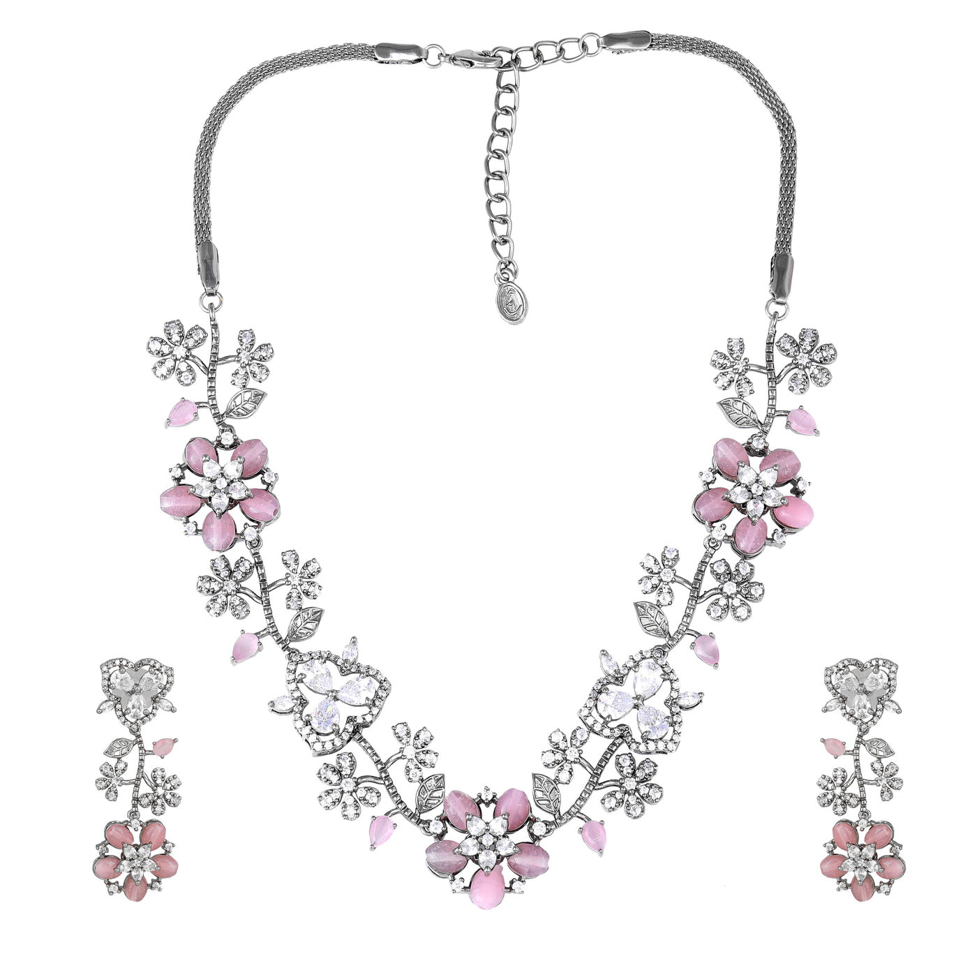 Estele Victorian Plated CZ Glamorous Floral Necklace Set with Mint Pink Beads for Women