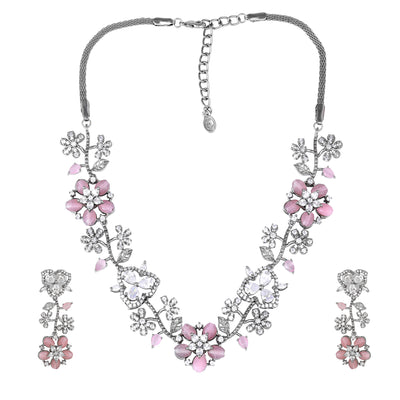 Estele Victorian Plated CZ Glamorous Floral Necklace Set with Mint Pink Beads for Women