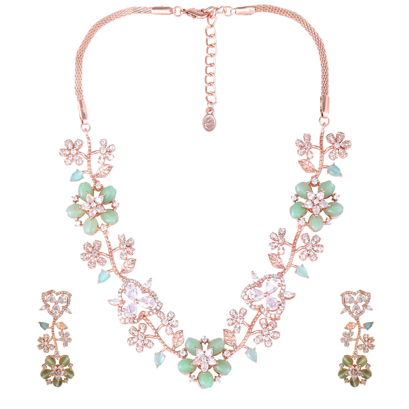 Estele Rose Gold Plated CZ Glamorous Floral Necklace Set with Mint Green Beads for Women