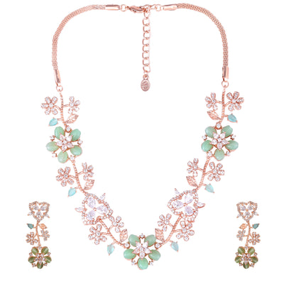 Estele Rose Gold Plated CZ Glamorous Floral Necklace Set with Mint Green Beads for Women