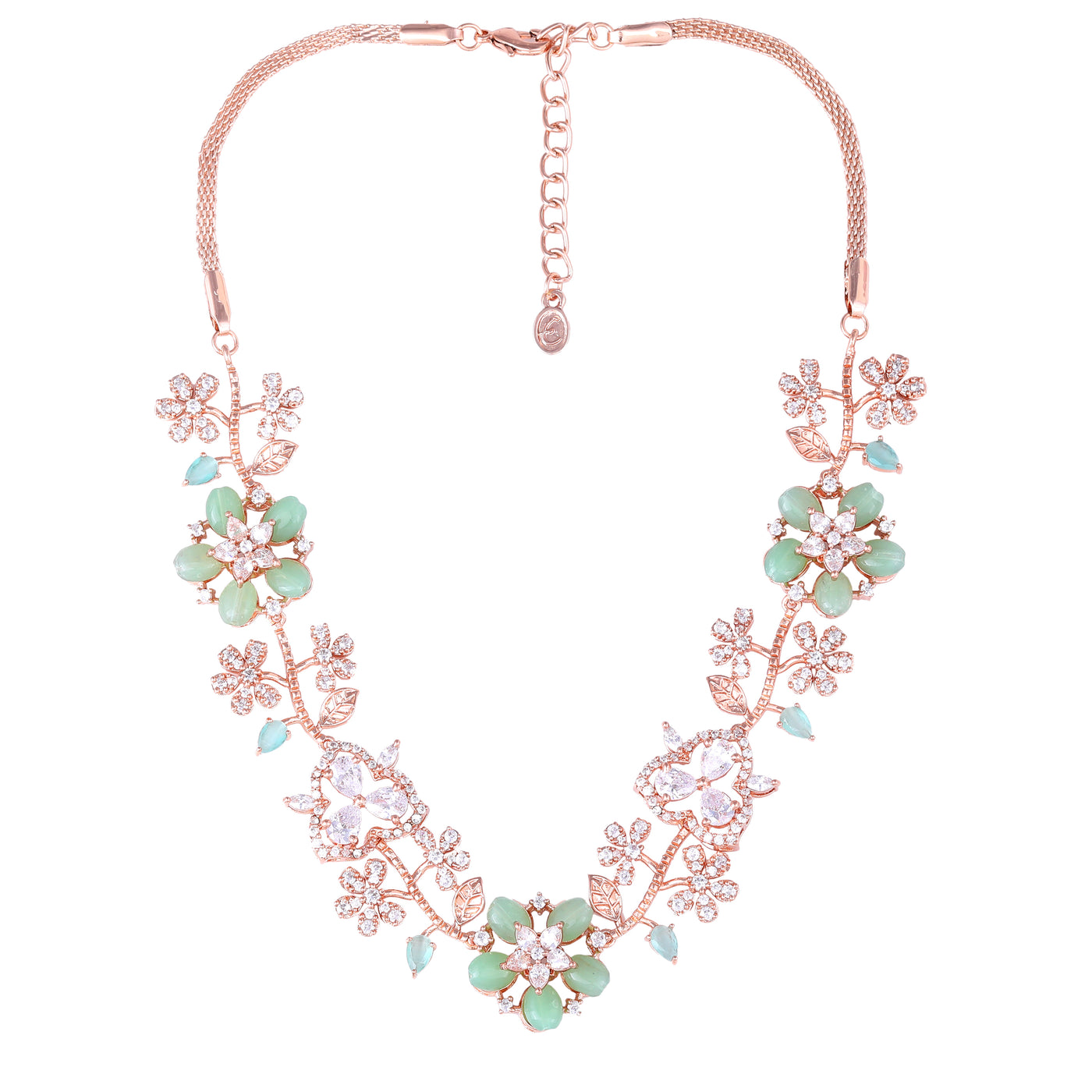 Estele Rose Gold Plated CZ Glamorous Floral Necklace Set with Mint Green Beads for Women