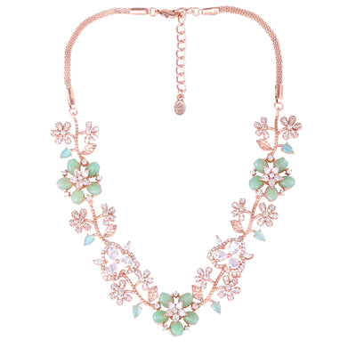 Estele Rose Gold Plated CZ Glamorous Floral Necklace Set with Mint Green Beads for Women