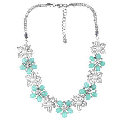 Estele Rhodium Plated CZ Dazzling Daisy Necklace Set with Mint Green Stones for Women