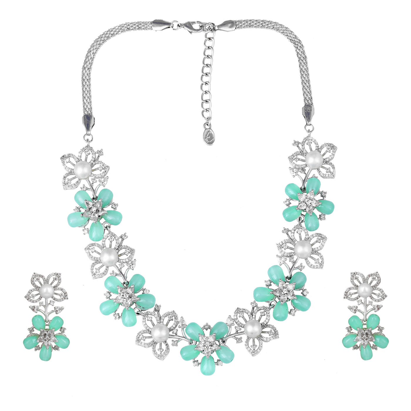 Estele Rhodium Plated CZ Dazzling Daisy Necklace Set with Mint Green Stones for Women