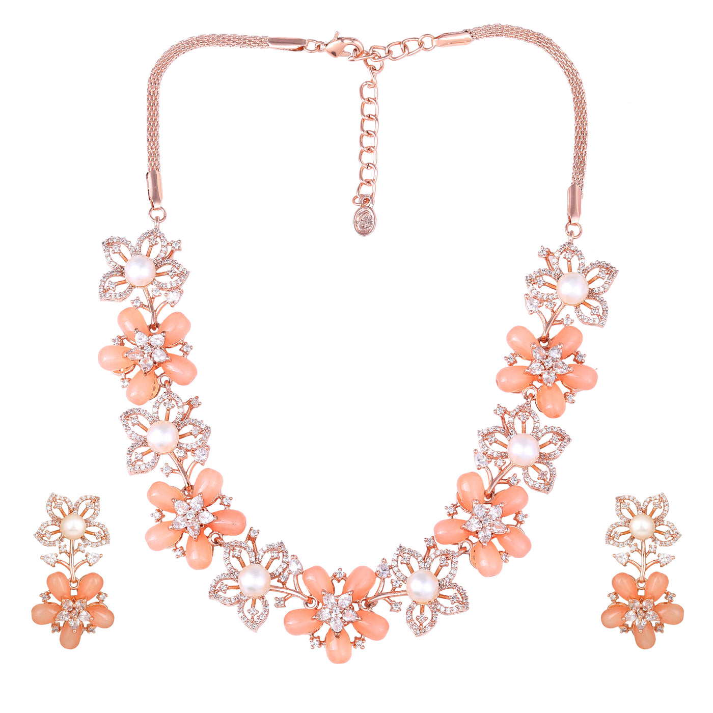 Estele Rose Gold Plated CZ Dazzling Daisy Necklace Set with Mint Orange Stones for Women