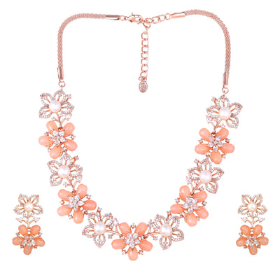 Estele Rose Gold Plated CZ Dazzling Daisy Necklace Set with Mint Orange Stones for Women