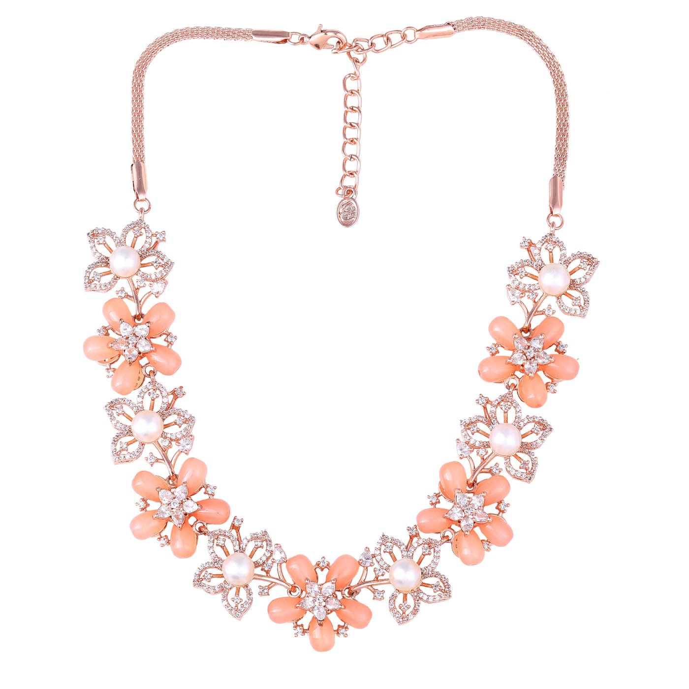 Estele Rose Gold Plated CZ Dazzling Daisy Necklace Set with Mint Orange Stones for Women