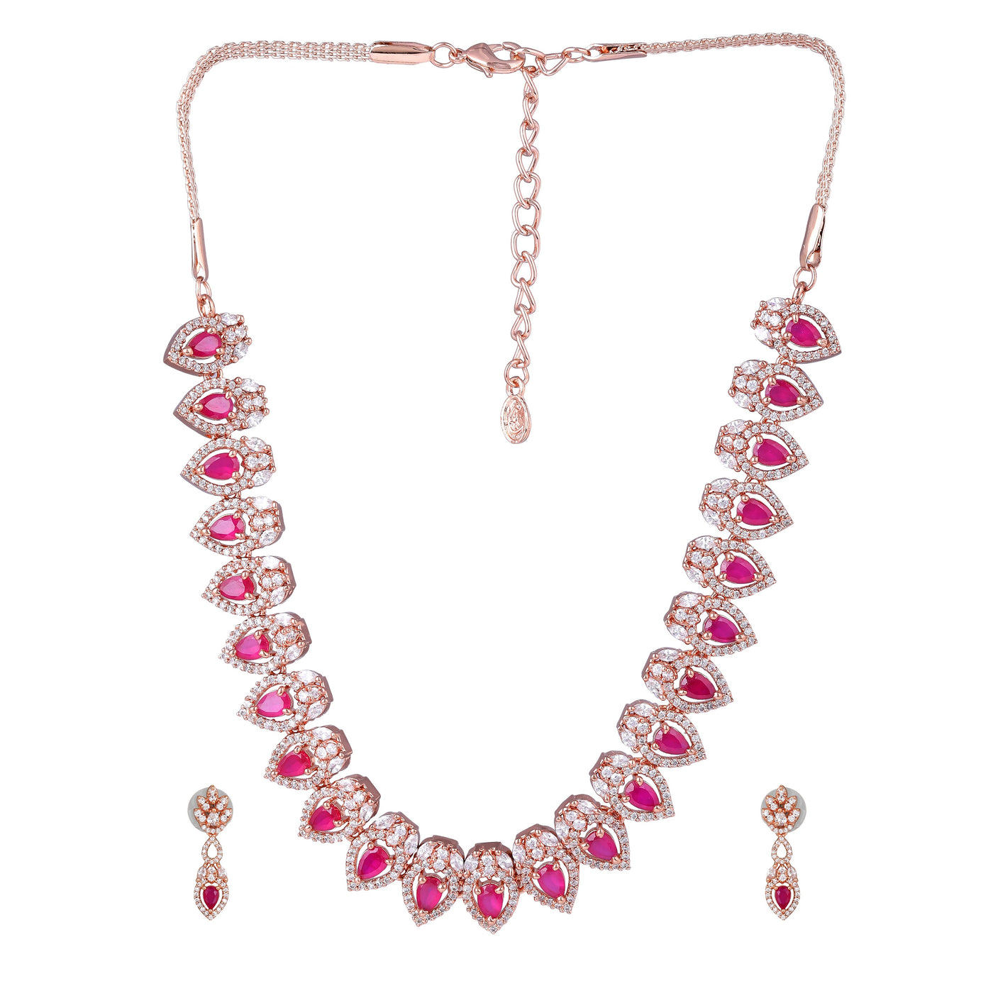 Estele Rose Gold Plated CZ Classic Pear Designer Necklace Set with Ruby Stones for Women