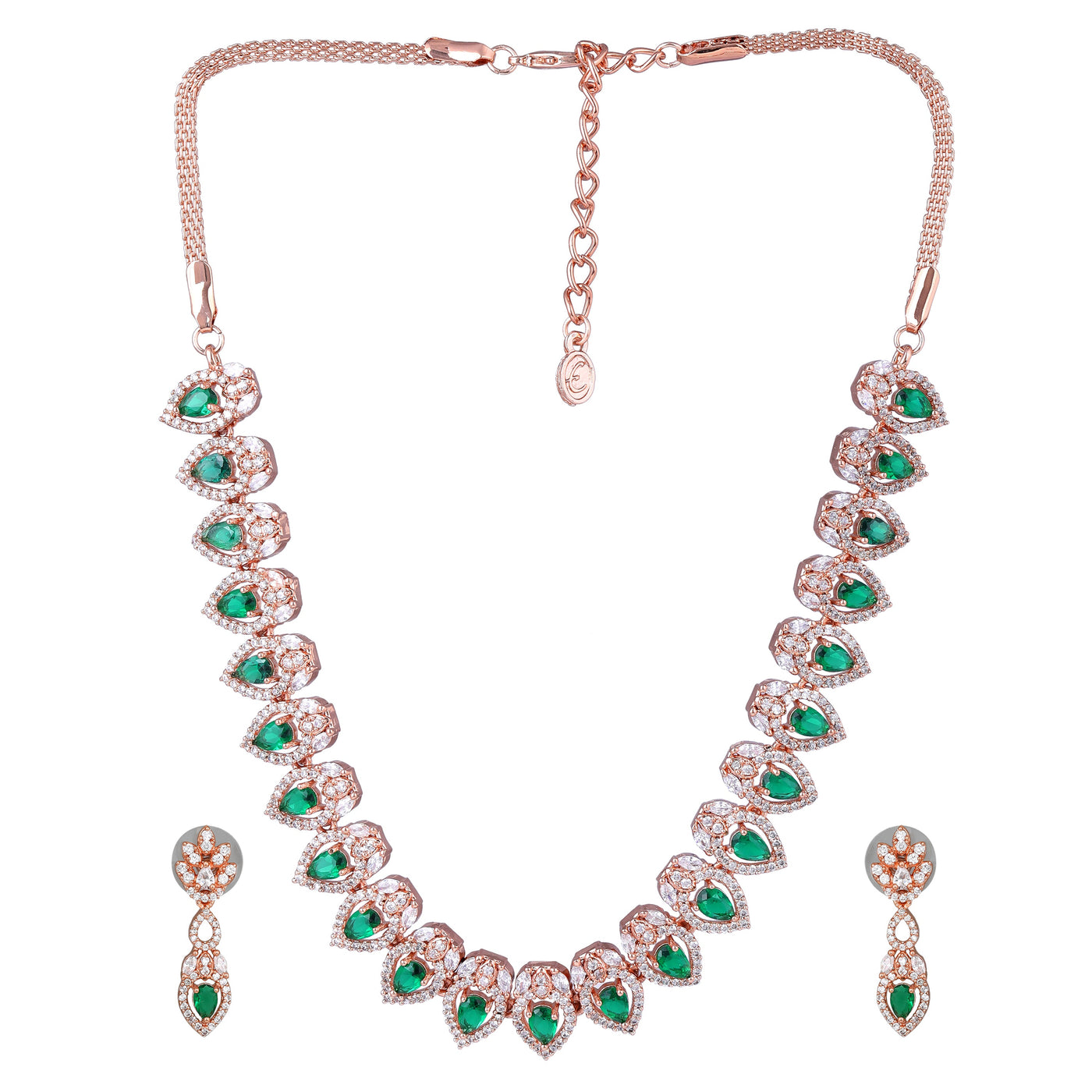 Estele Rose Gold Plated CZ Classic Pear Designer Necklace Set with Green Stones for Women