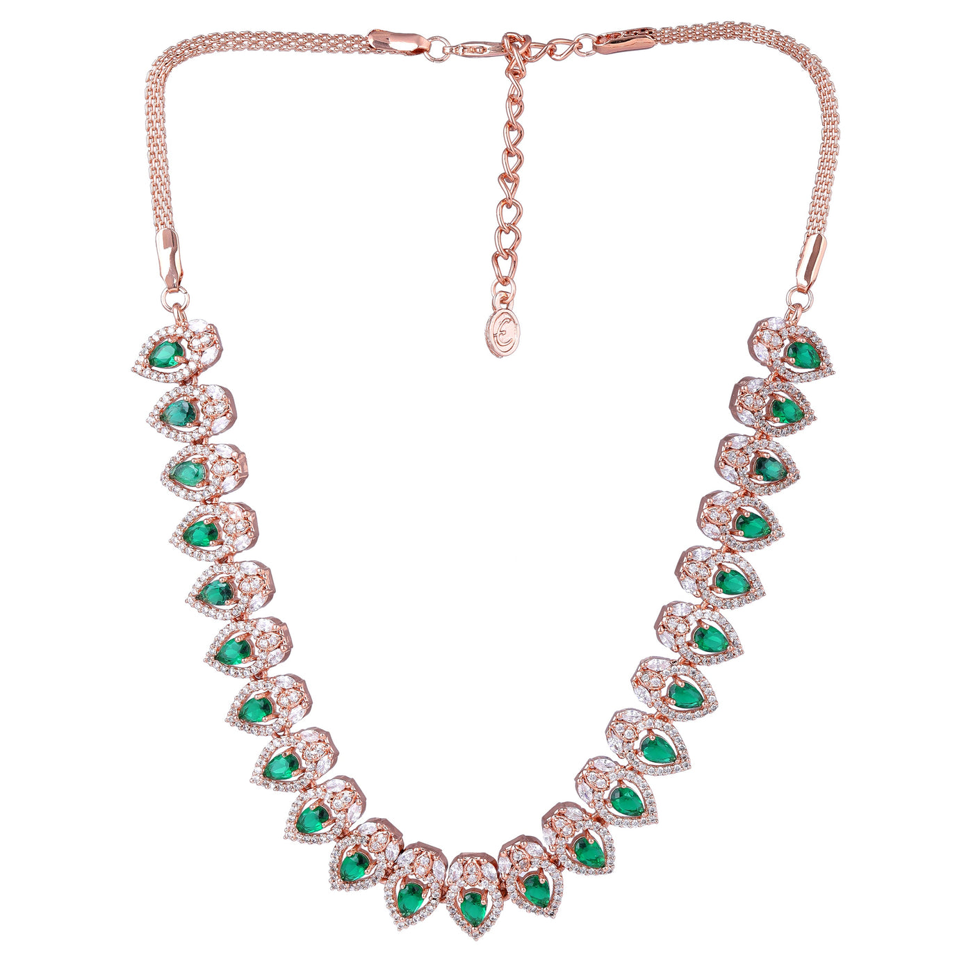 Estele Rose Gold Plated CZ Classic Pear Designer Necklace Set with Green Stones for Women