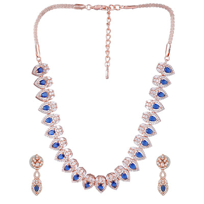 Estele Rose Gold Plated CZ Classic Pear Designer Necklace Set with Blue Stones for Women