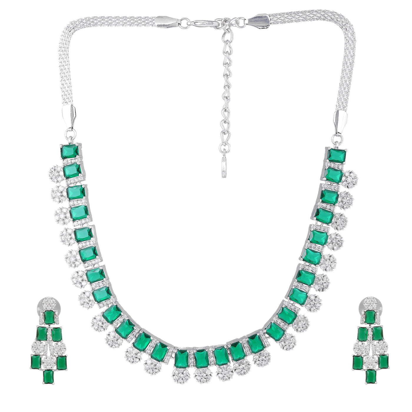 Estele Rhodium Plated CZ Shimmering Necklace Set with Green Stones for Women