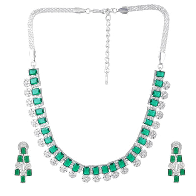 Estele Rhodium Plated CZ Shimmering Necklace Set with Green Stones for Women