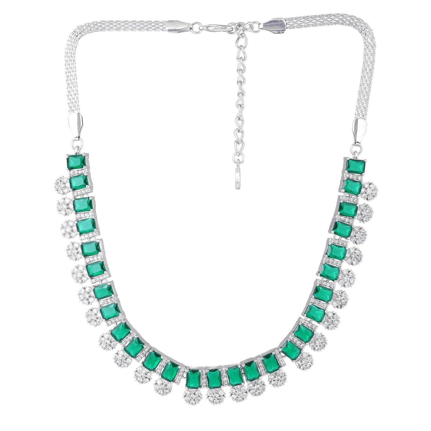 Estele Rhodium Plated CZ Shimmering Necklace Set with Green Stones for Women