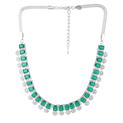 Estele Rhodium Plated CZ Shimmering Necklace Set with Green Stones for Women