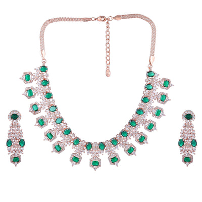 Estele Rose Gold Plated CZ Astonishing Necklace Set with Green Stones for Women