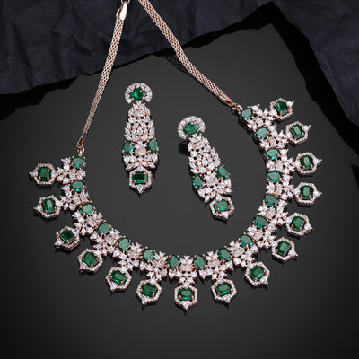 Estele Rose Gold Plated CZ Astonishing Necklace Set with Green Stones for Women