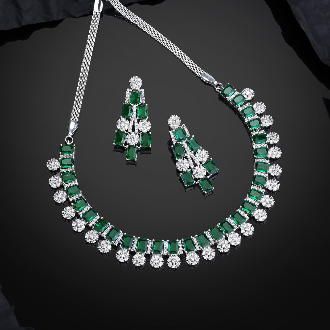 Estele Rhodium Plated CZ Shimmering Necklace Set with Green Stones for Women