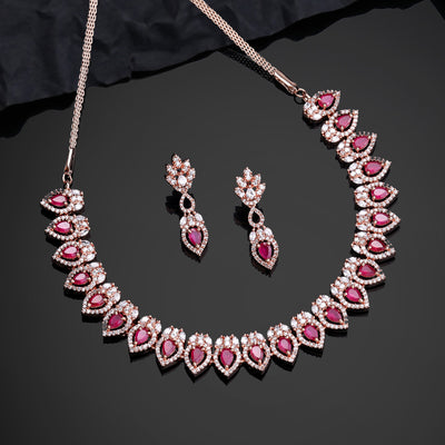 Estele Rose Gold Plated CZ Classic Pear Designer Necklace Set with Ruby Stones for Women