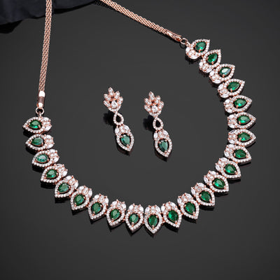 Estele Rose Gold Plated CZ Classic Pear Designer Necklace Set with Green Stones for Women