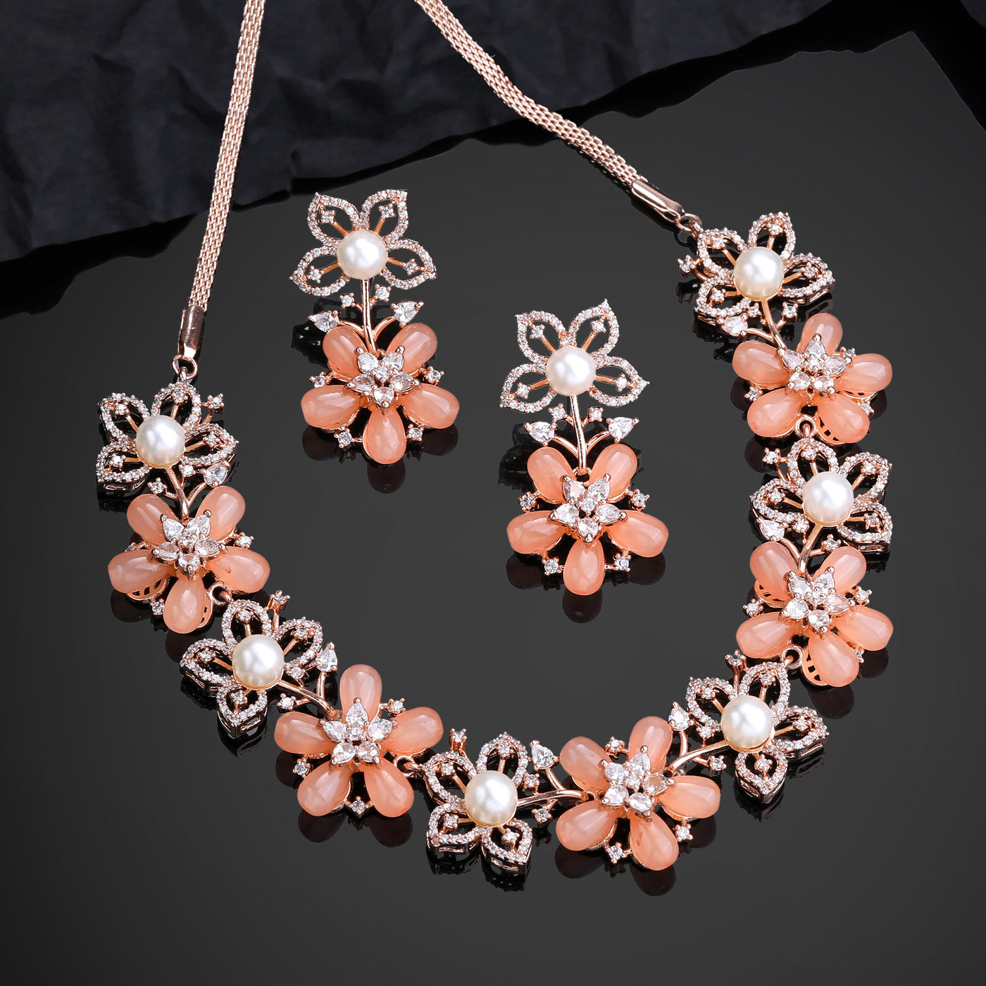 Estele Rose Gold Plated CZ Dazzling Daisy Necklace Set with Mint Orange Stones for Women