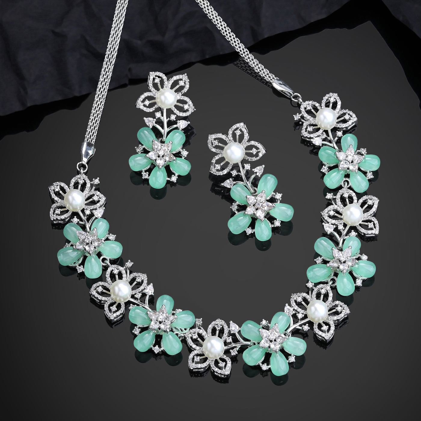 Estele Rhodium Plated CZ Dazzling Daisy Necklace Set with Mint Green Stones for Women