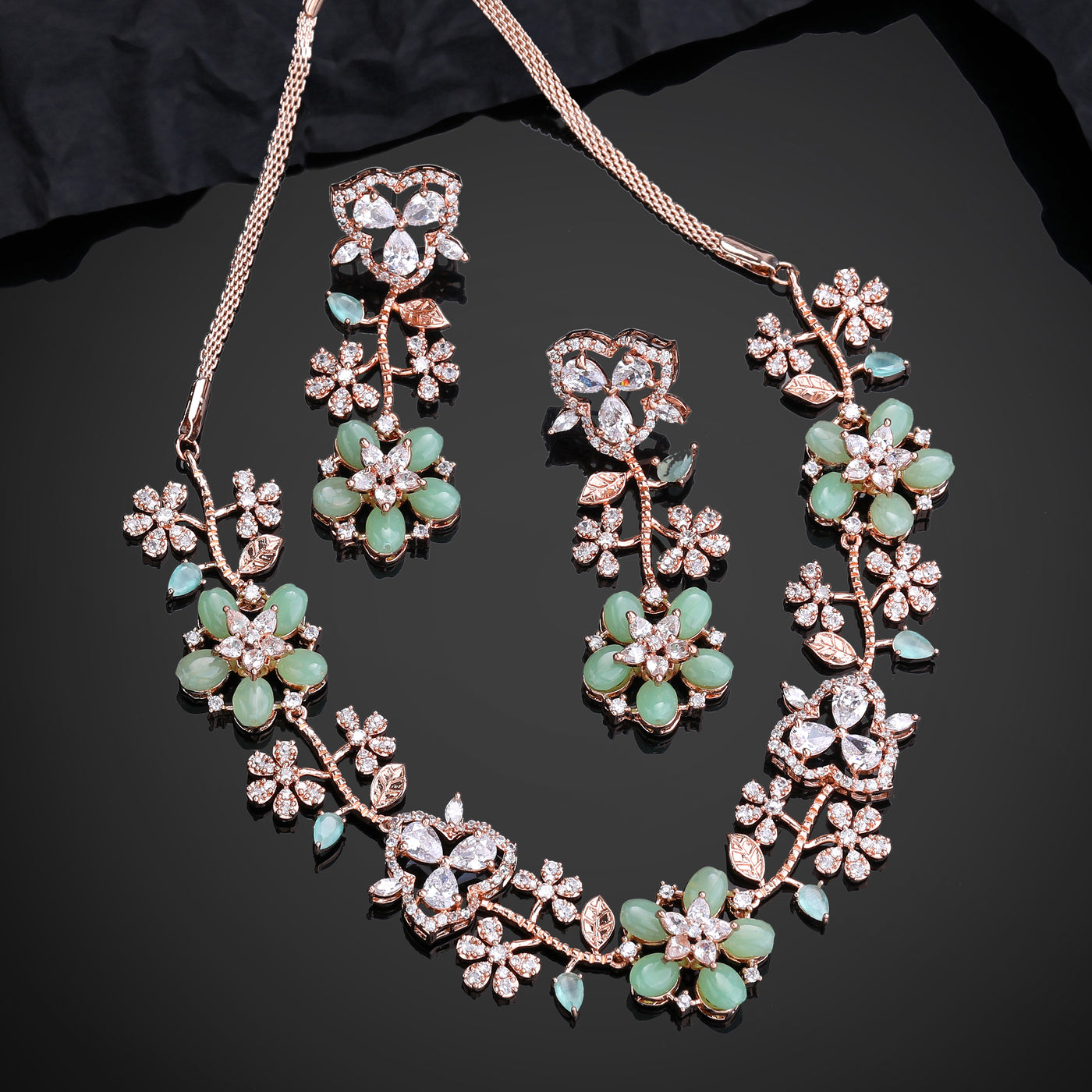 Estele Rose Gold Plated CZ Glamorous Floral Necklace Set with Mint Green Beads for Women