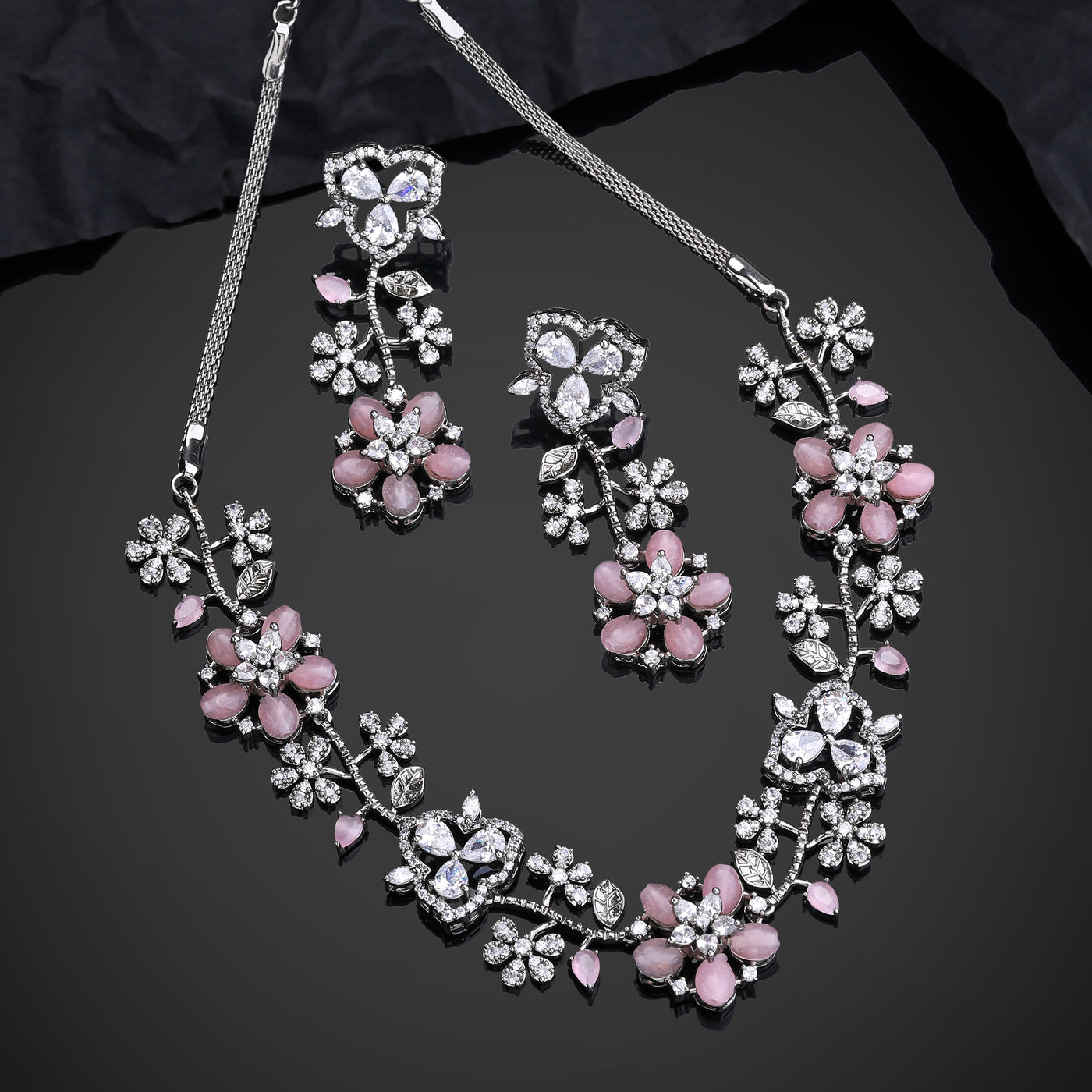 Estele Victorian Plated CZ Glamorous Floral Necklace Set with Mint Pink Beads for Women