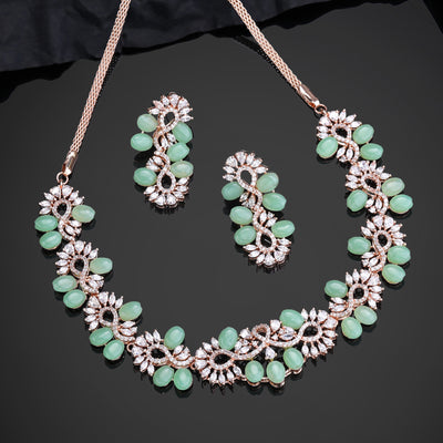 Estele Rose Gold Plated CZ Glittering Necklace Set with Mint Green Beads for Women