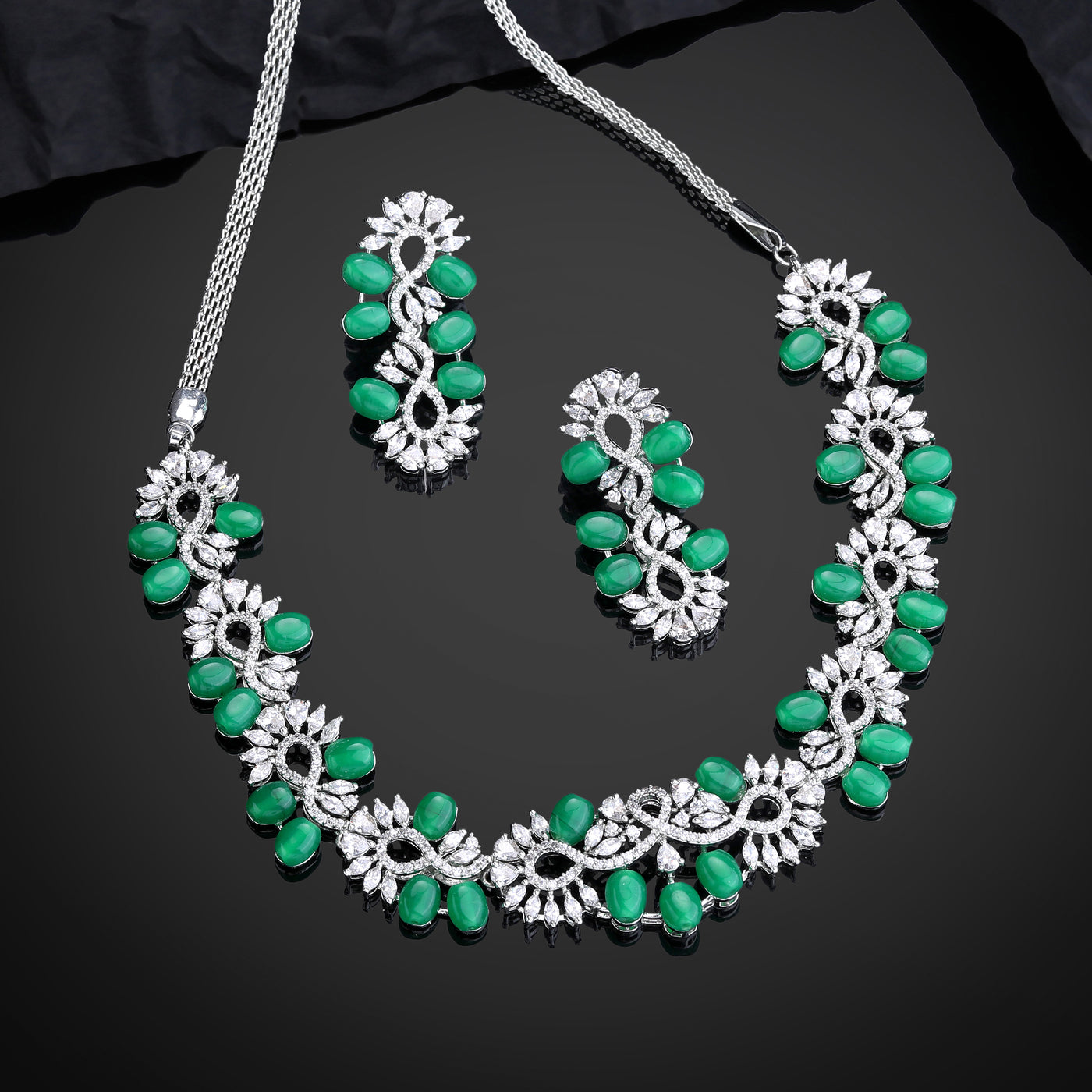 Estele Rhodium Plated CZ Glittering Necklace Set with Green Beads for Women