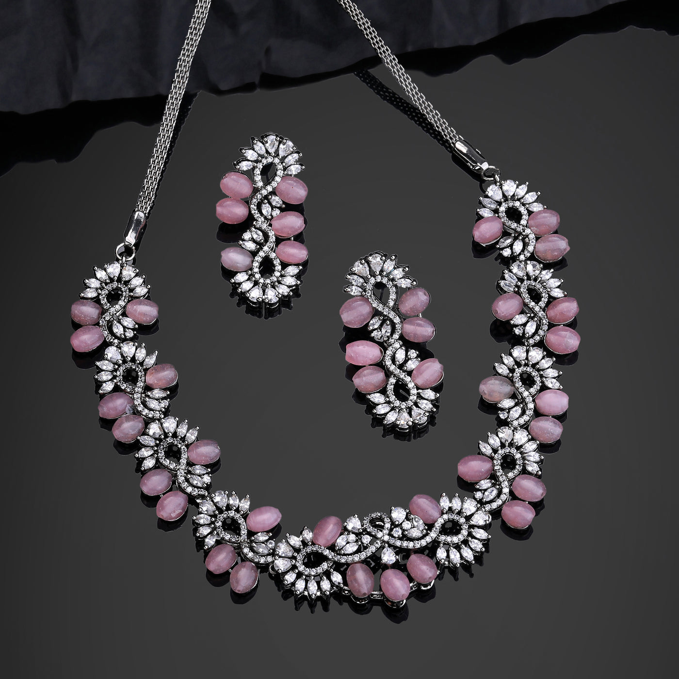 Estele Victorian Plated CZ Glittering Necklace Set with Mint Pink Beads for Women