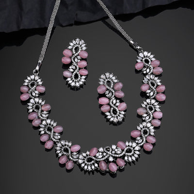 Estele Victorian Plated CZ Glittering Varya Necklace Set with Mint Pink Beads for Girls & Women