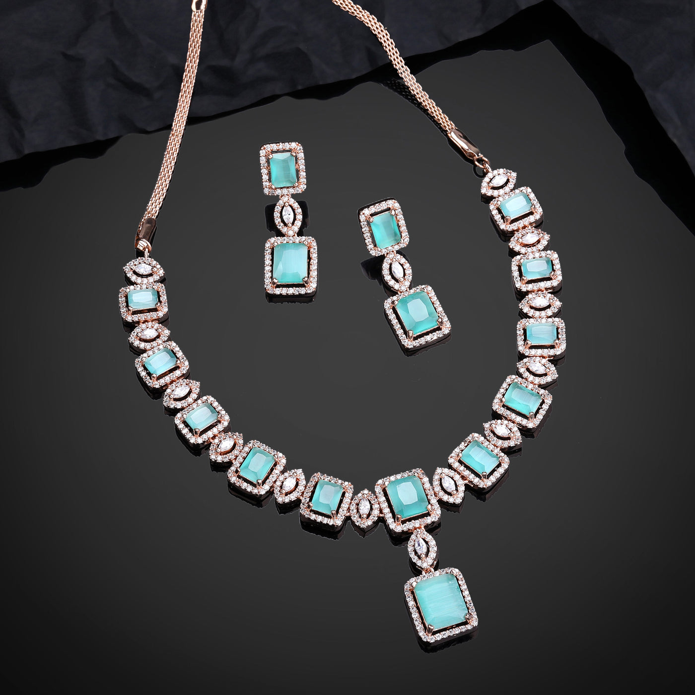 Estele Rose Gold Plated CZ Shimmering Square Designer Necklace Set with Mint Green Stones for Women