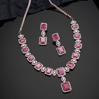 Estele Rose Gold Plated CZ Shimmering Square Designer Necklace Set with Ruby Stones for Women