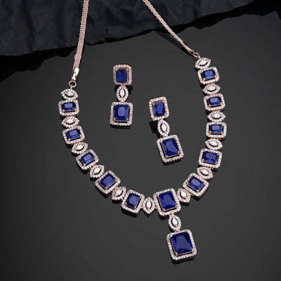 Estele Rose Gold Plated CZ Shimmering Square Designer Necklace Set with Blue Stones for Women