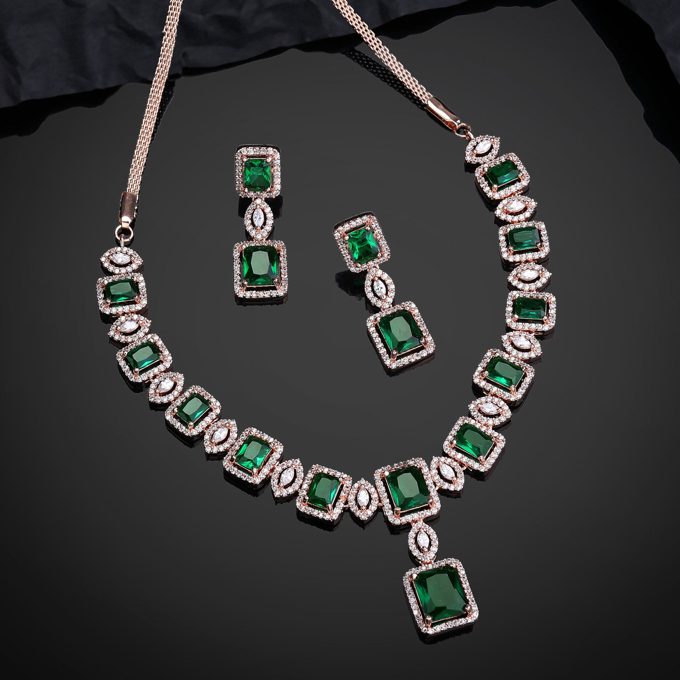 Estele Rose Gold Plated CZ Shimmering Square Designer Necklace Set with Green Stones for Women