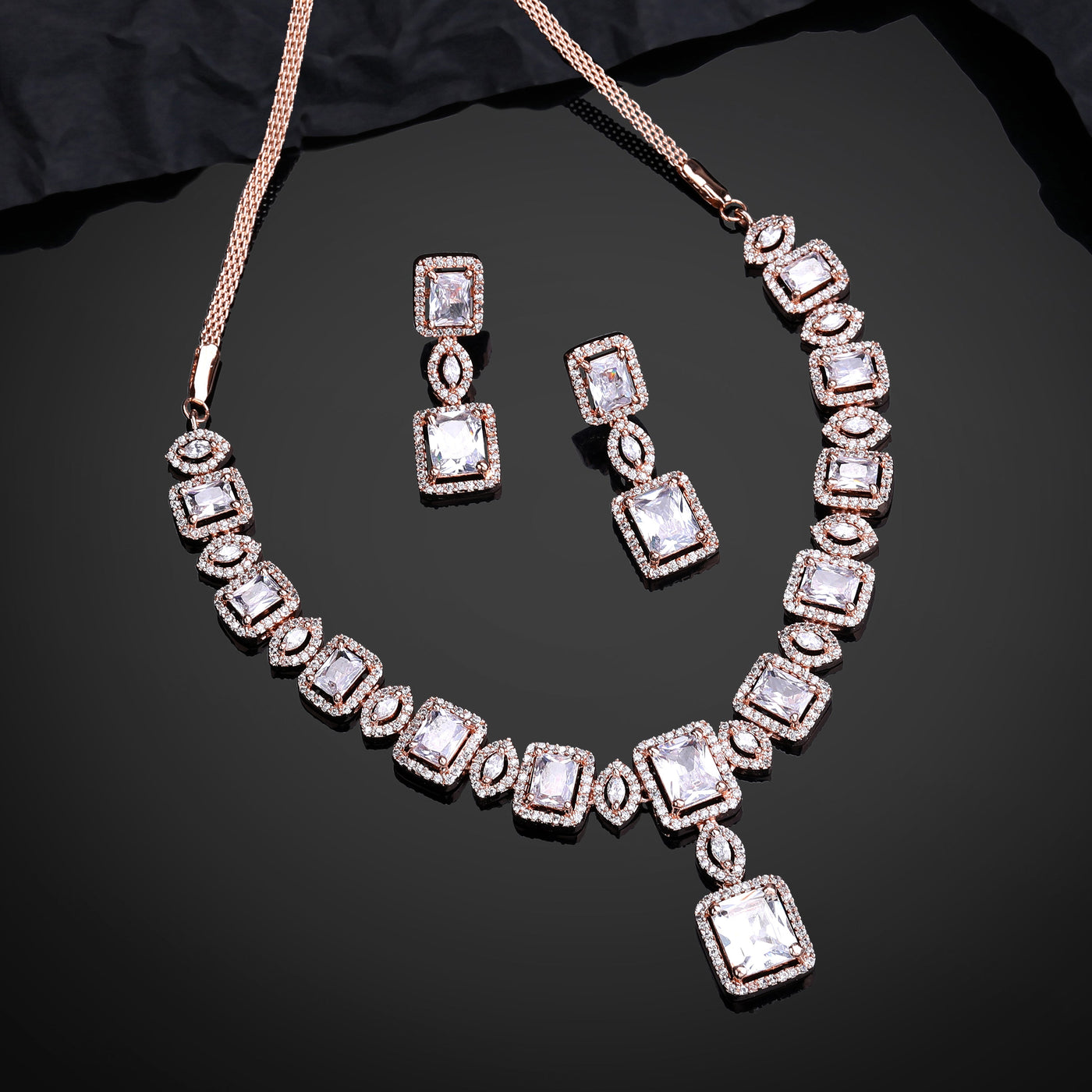 Estele Rose Gold Plated CZ Shimmering Square Designer Necklace Set with White Stones for Women