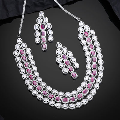 Estele Rhodium Plated CZ Spectacular Three Line Necklace Set with Ruby Stones for Women