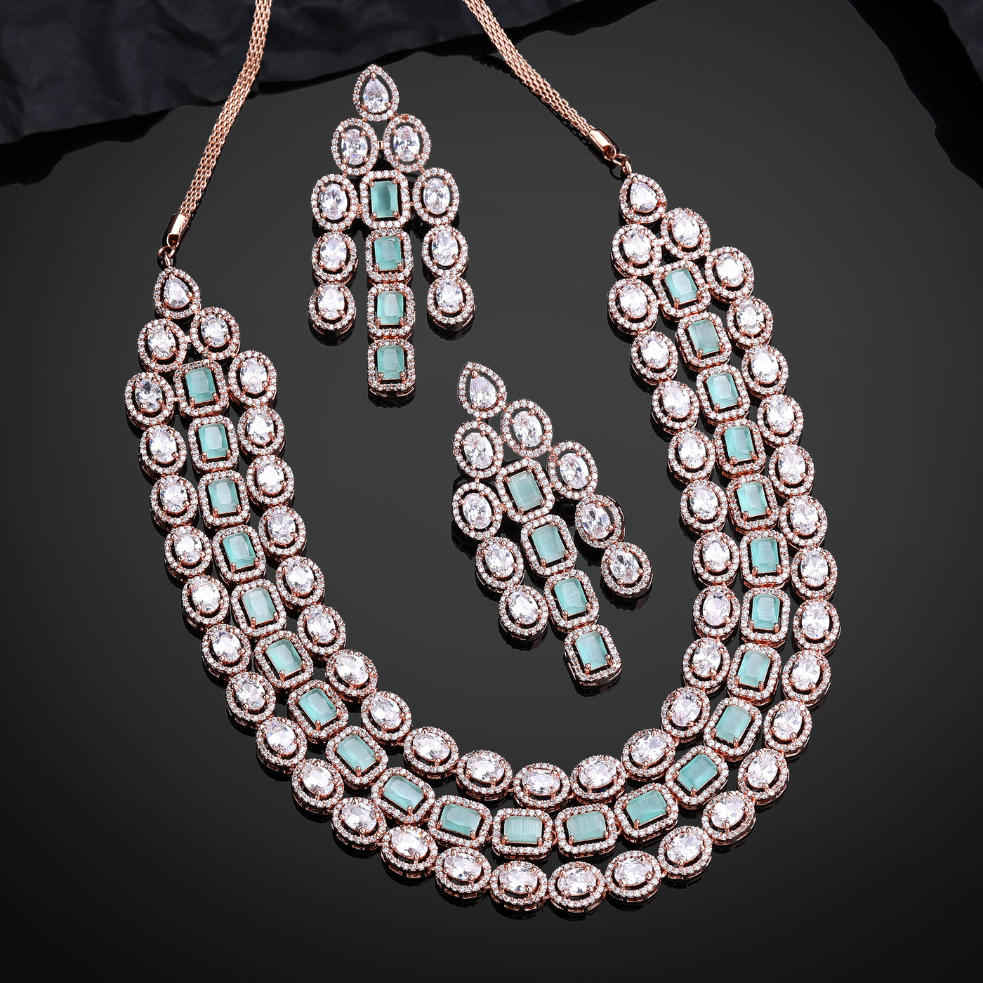 Estele Rose Gold Plated CZ Spectacular Triple Line Necklace Set with Mint Green Stones for Women