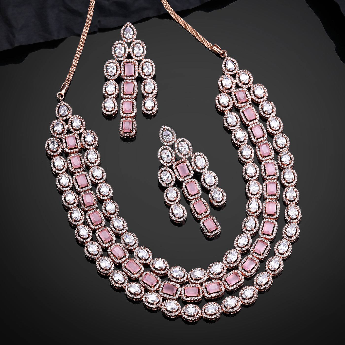 Estele Rose Gold Plated CZ Spectacular Three Line Necklace Set with Mint Pink Stones for Women