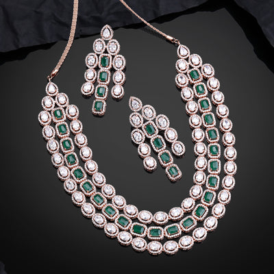 Estele Rose Gold Plated CZ Spectacular Triple Line Necklace Set with Green Stones for Women