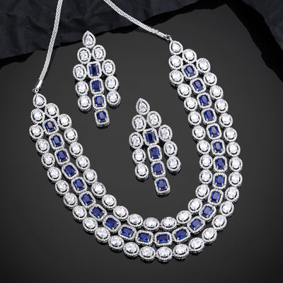 Estele Rhodium Plated CZ Spectacular Three Line Necklace Set with Blue Stones for Women