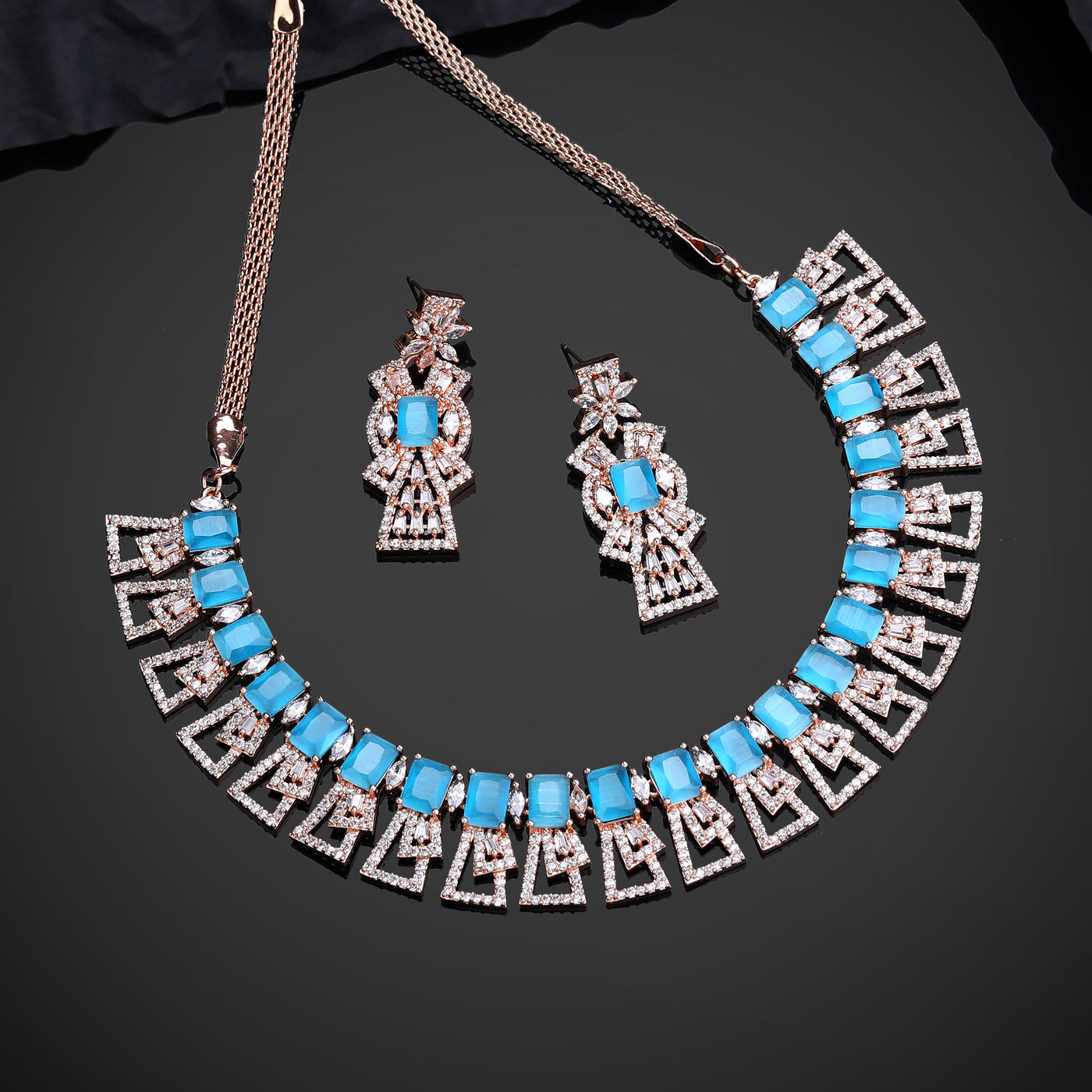 Estele Rose Gold Plated CZ Ravishing Necklace Set with Tourquoise Blue Stones for Women