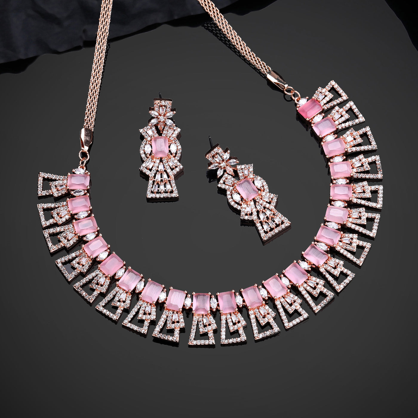 Estele Rose Gold Plated CZ Ravishing Necklace Set with Mint Pink Stones for Women