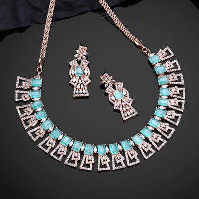 Estele Rose Gold Plated CZ Ravishing Necklace Set with Mint Green Stones for Women