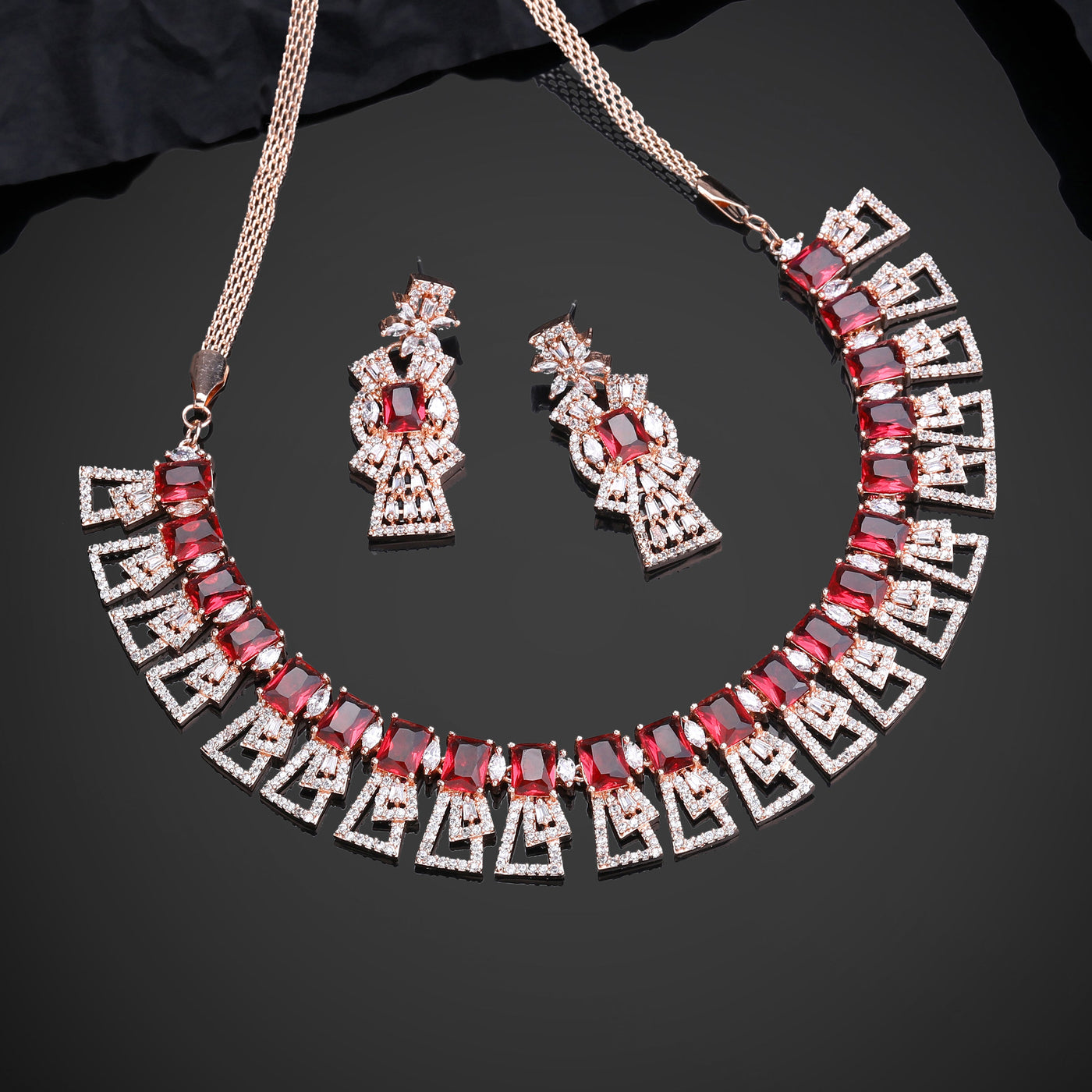 Estele Rose Gold Plated CZ Ravishing Necklace Set with Tourmaline Pink Stones for Women