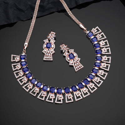 Estele Rose Gold Plated CZ Ravishing Necklace Set with Blue Stones for Women