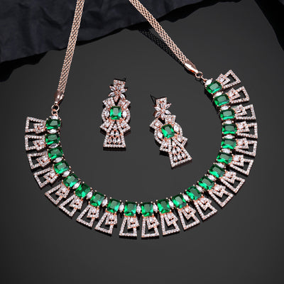 Estele Rose Gold Plated CZ Ravishing Necklace Set with Green Stones for Women