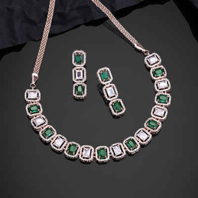 Estele Rose Gold Plated CZ Elegant Neklace Set with Green Stones for Women